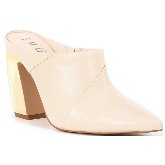 Gianni Bini Donovan Heeled Leather Mules Size 8 Cream Gold Curved Heels NEW - Picture 1 of 16